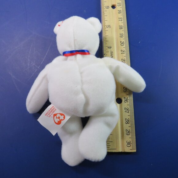 White Patriotic Ty Beanie Baby Bear 5.25" tall Red Blue Ribbon - Picture 7 of 10
